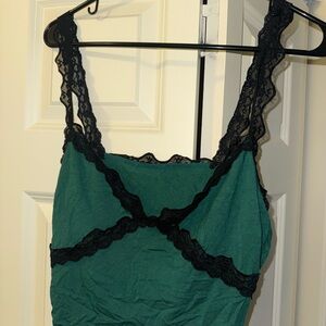 SHEIN Green Crop Top with Black Lace Accent